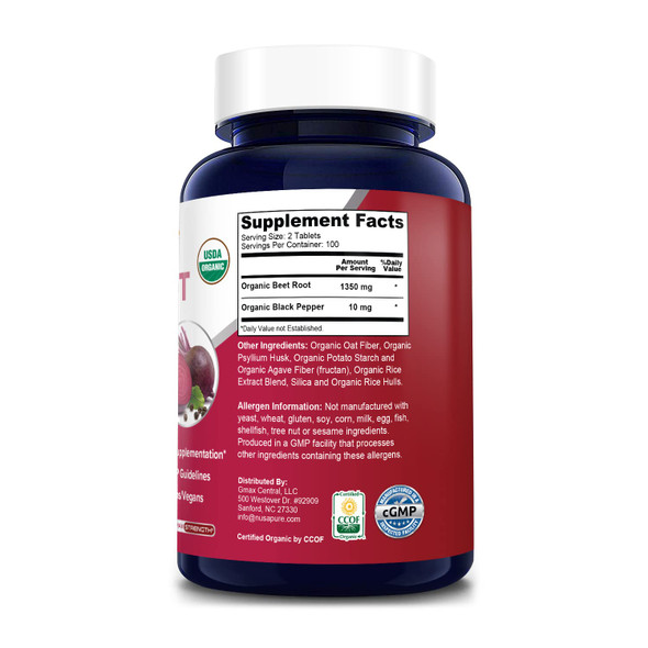 NusaPure Beet Root 1,350 mg 200 Organic Tablets (Vegetarian, USDA, Non-GMO & Gluten-Free) with Black