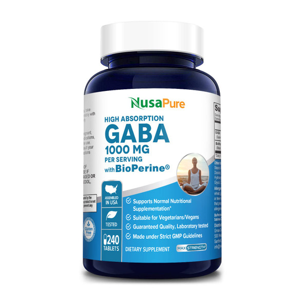 NusaPure GABA 1000 mg 240 Tablets (Vegan, Non-GMO & Gluten-Free) with Bioperine