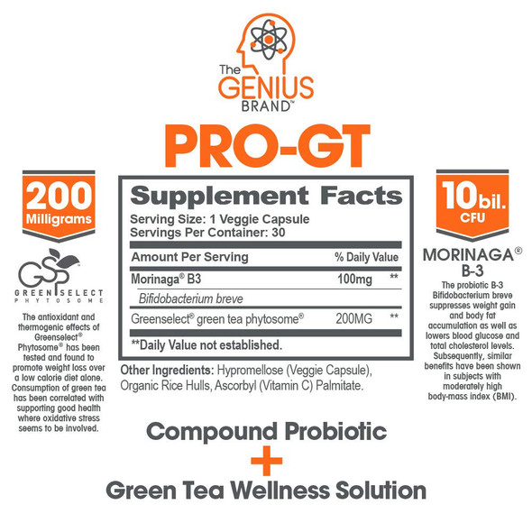 Genius Probiotics for Weight Loss with Green Tea Extract - Fat Burner Supplement & Digestive Health Pills for Bloating Relief for Women & Men - Shelf Stable Probiotic Metabolism Booster - 30 Servings