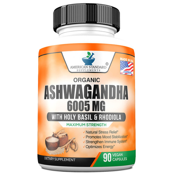 Ashwagan Organic 6005mg, Organic Rhodiola Rosea, Organic Holy Basil Tulsi, Organic Black  Extract,  Relief, Mood Enhancer, Relaxation, Focus, Thyroid Support, 90 Veggie Capsules