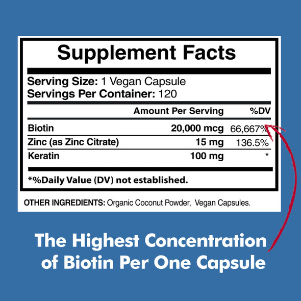Biotin 20,000mcg with Keratin, Organic Coconut and Zinc, Hair Growth Supplements, Biotin Supplements, Healthy Hair Skin & Nails for , No Filler, No Stearate, 120 Vegan Capsules, 120 Day Supply