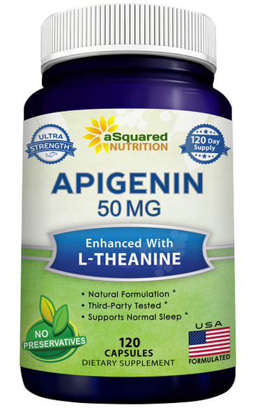 aSquared Nutrition Apigenin 50mg & L-Theanine 200mg - 120 Capsules - Apigenin Supplement Pills for Sleep and Relaxation -  Bioflavonoid Extract Found in Chamomile Tea