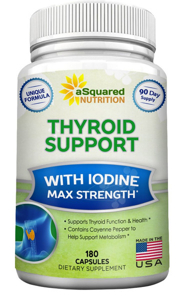 aSquared Nutrition Premium Thyroid Support Supplement with Iodine (180 Capsules) - Best Herbal & Vitamin Complex Pills w/ B12, Ashwagan, Bladderwrack & Kelp - Helper for Healthy Hormone & Energy