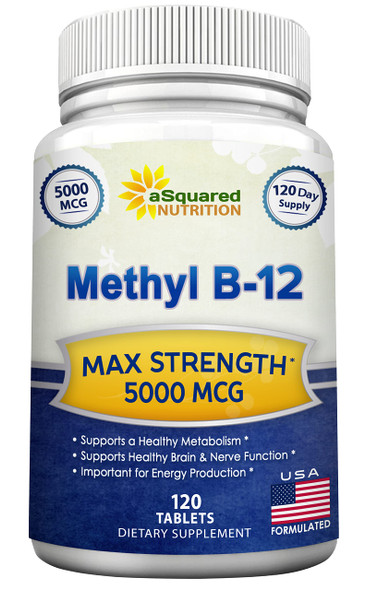 aSquared Nutrition Vitamin B12 - 5000 MCG Supplement with Methylcobalamin (Methyl B-12) - Max Strength Vitamin B 12 Support to Help Boost  Energy, Benefit Brain & Heart Function - 120 Tablets