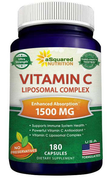 aSquared Nutrition Vitamin C Liposomal Complex - 1500mg Supplement - 180 Capsules - High Absorption VIT C Ascorbic  Pills - Supports Immune System & Collagen Health - 90 Servings