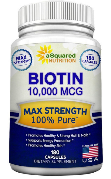 Biotin With 10,000 MCG - Max Strength Vitamin B Supplement for Men & Women, Vitamin B7 Biotin Pills to Improve Skin Health, Hair Growth, Thicker Nails & Energy, 180 Capsules 10000mcg Complex