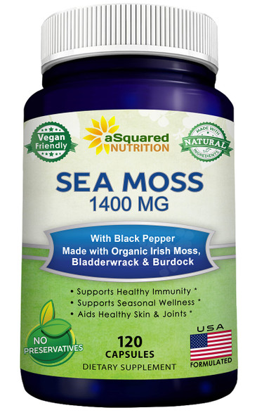 Irish Sea Moss Capsules - 1400mg Supplement Pills w/ Bladderwrack & Burdock Root - Seamoss Alternative to Raw Wild Irish Moss Gel & Powder - Certified Organic by UDAF - 120 Vegan Caps
