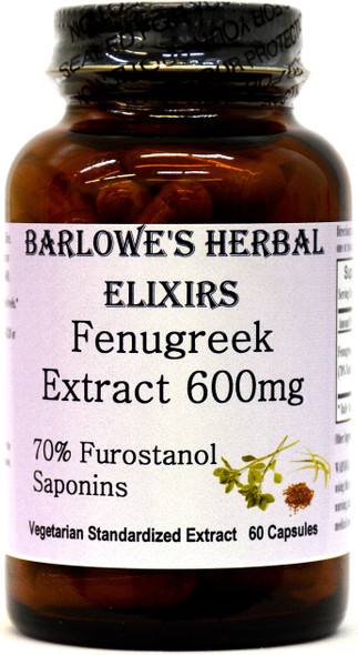 Barlowe's Herbal Elixirs Fenugreek Extract - 70% Furostanol Saponins - 60 600mg VegiCaps - Stearate Free, Bottled in Glass!