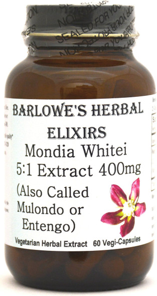 Barlowe's Herbal Elixirs Mondia Whitei Tuber 5:1 Extract 60 400mg VegiCaps - Stearate Free, Glass Bottle!