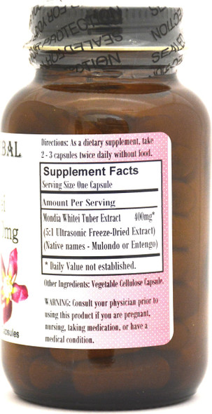 Barlowe's Herbal Elixirs Mondia Whitei Tuber 5:1 Extract 60 400mg VegiCaps - Stearate Free, Glass Bottle!