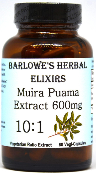 Barlowe's Herbal Elixirs Muira Puama 10:1 Extract - 60 600mg VegiCaps - Stearate Free, Glass Bottle!
