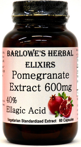 Barlowe's Herbal Elixirs Pomegranate Extract 40% Ellagic Acid - 60 600mg VegiCaps - Stearate Free, Glass Bottle!