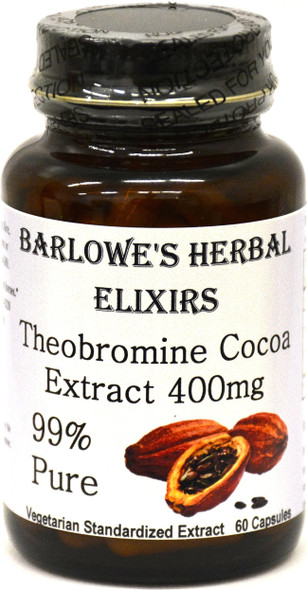 Barlowe's Herbal Elixirs Theobromine Cocoa Extract 99% - 60 400mg VegiCaps - Stearate Free, Bottled in Glass!
