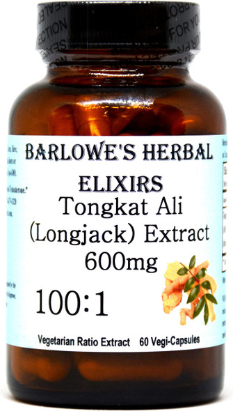Barlowe's Herbal Elixirs Tongkat Ali Extract 100:1-60 600mg VegiCaps - Stearate Free, Bottled in Glass!