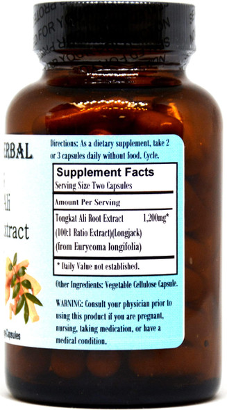 Barlowe's Herbal Elixirs Tongkat Ali Extract 100:1-60 600mg VegiCaps - Stearate Free, Bottled in Glass!