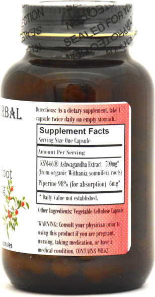 KSM-66 Ashwagandha Extract - Organic - 5% Withanolides by HPLC - 60 700mg VegiCaps - Stearate Free, Bottled in Glass!