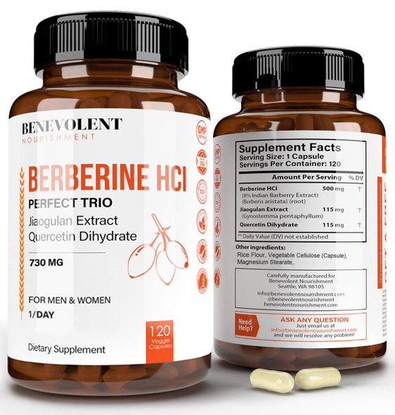 Premium Berberine  730mg - 120 VCAPS Perfect Trio Complex with Non-GMO Jiaogulan & Quercetin