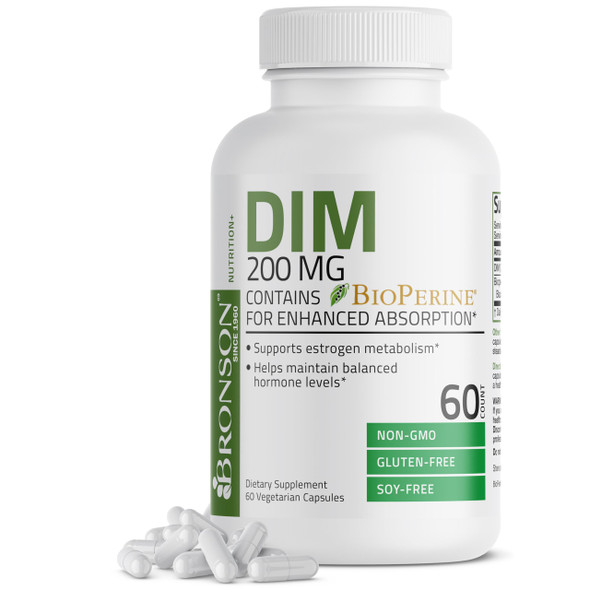 Bronson Dim Supplement 200 Mg Diindolymethane With Bioperine For Enhanced Absorption, Estrogen Metabolism & Maintains Balanced Hormone Levels, 60 Vegetarian Capsules