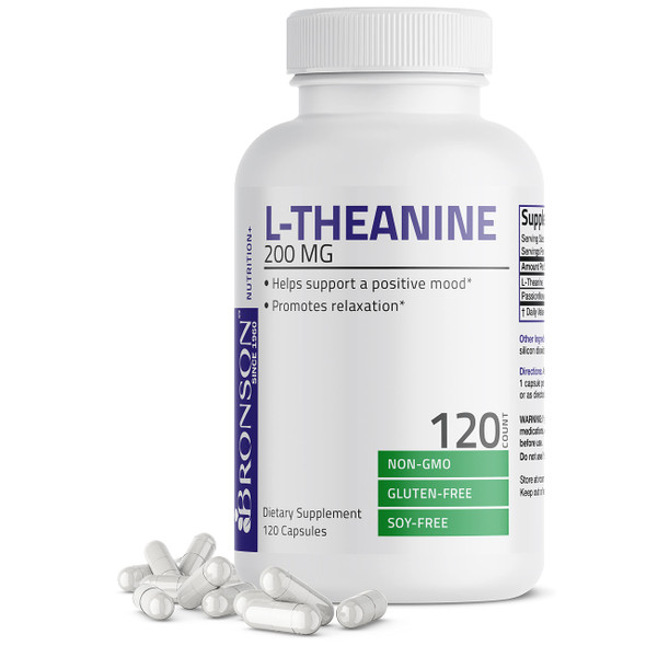 Bronson L-Theanine 200mg (Double-Strength) with Passion Flower Herb, Non-GMO Gluten-Free Soy-Free  Management Supplement, 120 Capsules