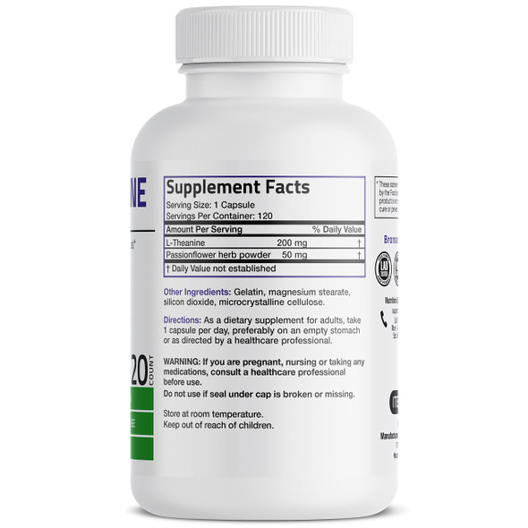 Bronson L-Theanine 200mg (Double-Strength) with Passion Flower Herb, Non-GMO Gluten-Free Soy-Free  Management Supplement, 120 Capsules