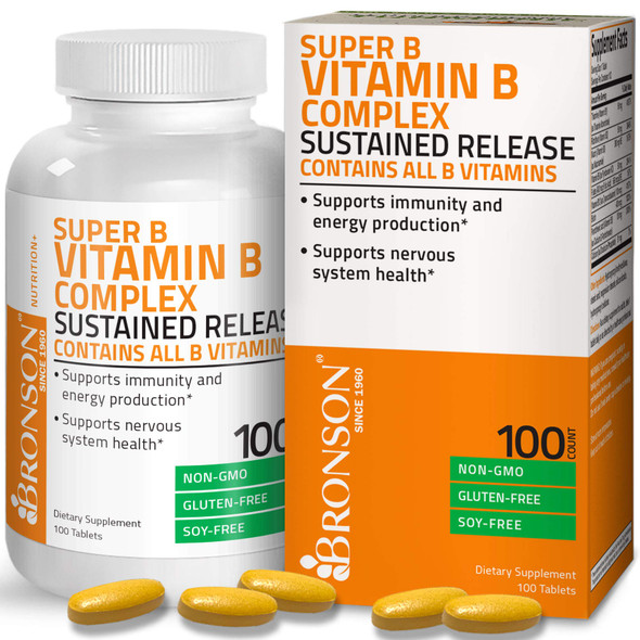 Bronson Super B Vitamin B Complex Sustained Slow Release (Vitamin B1, B2, B3, B6, B9 - Folic , B12) Contains All B Vitamins 100 Tablets