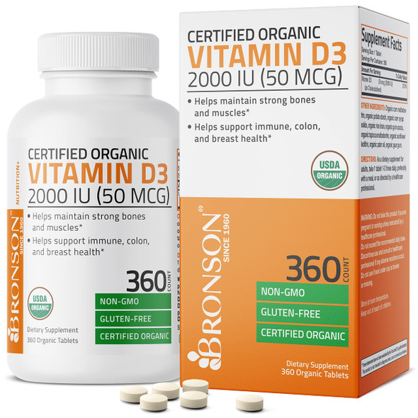 Bronson Vitamin D3 2,000 IU (1 Year Supply) for Immune Support, Healthy Muscle Function & Bone Health, High Potency Organic Non-GMO Vitamin D Supplement, 360 Tablets