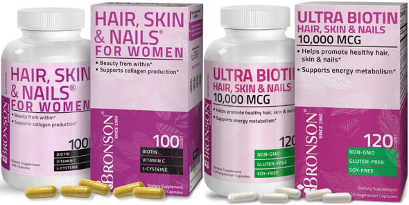 Hair, Skin & Nails with Biotin Extra Strength Vitamin Supplement for Women + Ultra Biotin 10,000 Mcg