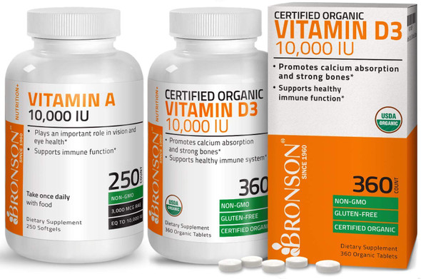 High Potency Vitamin D3 10,000 IU Certified Organic Vitamin D Supplement + Vitamin A 10,000 IU Premium Non-GMO Formula