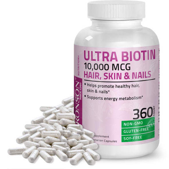 Ultra Biotin 10,000 Mcg Hair Skin and Nails Supplement, Non-GMO, 360 Vegetarian Capsules