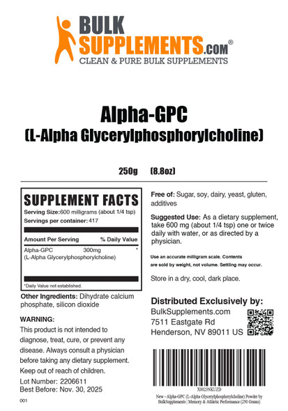 BulkSupplements Alpha GPC Powder (L-Alpha Glycerylphosphorylcholine) - Choline Supplements - Brain Supplements - Memory Supplement for Brain - Acetycholine Supplements (250 Grams - 8.8 oz)