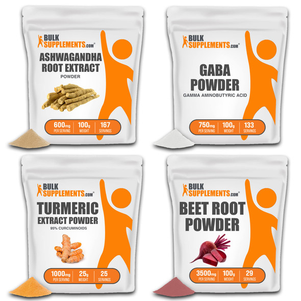 BulkSupplements Ashwagan Root Extract Powder 100G, with GABA 100G, Turmeric Extract Powder 25G & Beet Root Powder 100G Bundle