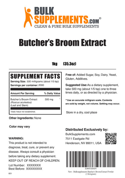 BulkSupplements Butcher's Broom Extract Powder - Herbal Extract Supplement Powder - Pure,  - 500mg , 2000 Servings (1 Kilograms - 2.2 lbs)