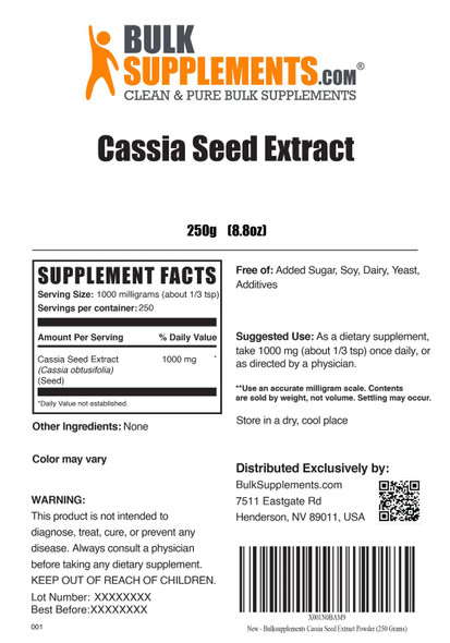 BulkSupplements Cassia Seed Extract Powder (Jue Ming Zi) - Herbal Supplements for Eye & Liver Support - Soy Free - 1000mg , 250 Servings (250 Grams - 8.8 oz)