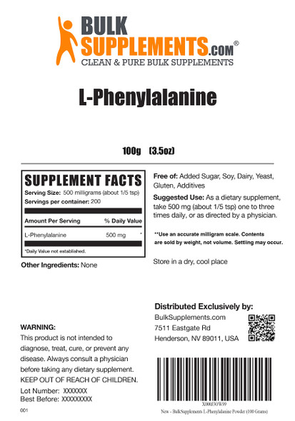 BulkSupplements L-Phenylalanine Powder - Amino  Nutritional Supplements - L Phenylalanine 500mg - Amino s Supplement - Brain Supplements for Memory and Focus (100 Grams - 3.5 oz)