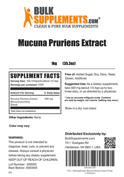 BulkSupplements Mucuna Pruriens Extract Powder - Herbal Extract Supplement, from Mucuna Pruriens Seed -  - 500mg , 2000 Servings (1 Kilogram - 2.2 lbs)