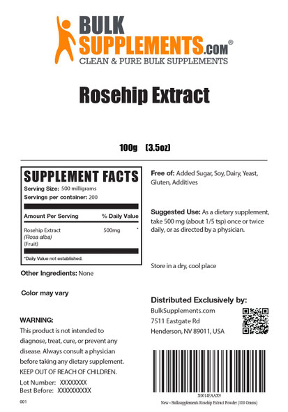 BulkSupplements Rosehip Extract Powder - Herbal Supplement for Antioxidants Support, Rose Hips Powder -  - 500mg , 200 Servings (100 Grams - 3.5 oz)