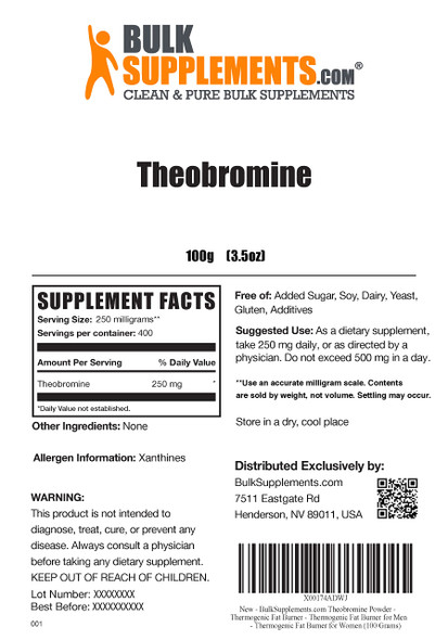 BulkSupplements Theobromine Powder - Dietary Supplement for Energy Support - Unflavored,  - 250mg s, 400 Servings (100 Grams - 3.5 oz)
