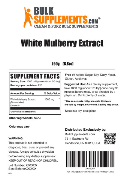 BulkSupplements White Mulberry Extract Powder - Herbal Supplement Powder, Sourced from White Mulberry Leaf -  - 1000mg , 250 Servings (250 Grams - 8.8 oz)