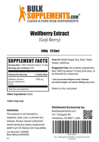 BulkSupplements Wolfberry Extract Powder - Herbal Supplement, Goji Berry Extract -  - 1000mg , 500 Servings (500 Grams - 1.1 lbs)