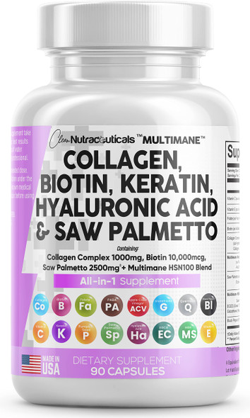 Collagen Pills 1000mg Biotin 10000mcg Keratin Saw Palmetto 2500mg Hyaluronic  - Hair Skin and Nails Vitamins and DHT Blocker with Vitamin E Folic  Pumpkin Seed MSM - 90 Count