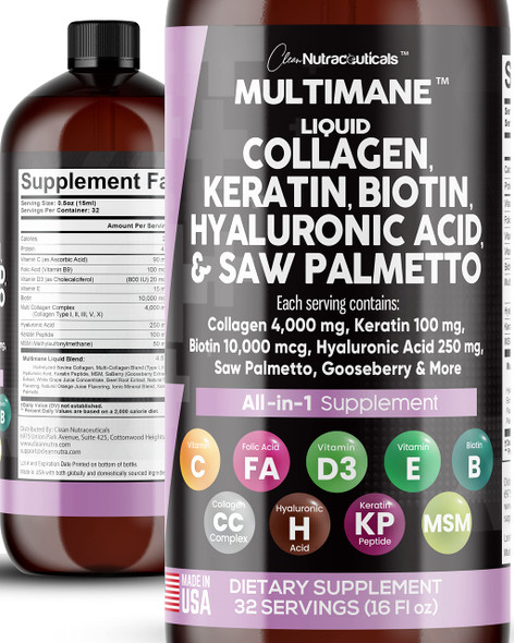 Liquid Collagen 4000mg Biotin 10000mcg Keratin 100mg Saw Palmetto Hyaluronic  100mg - Hair Skin and Nails Vitamins and DHT Blocker with Vitamin D3 MSM 50mg - 16 Fl. Oz