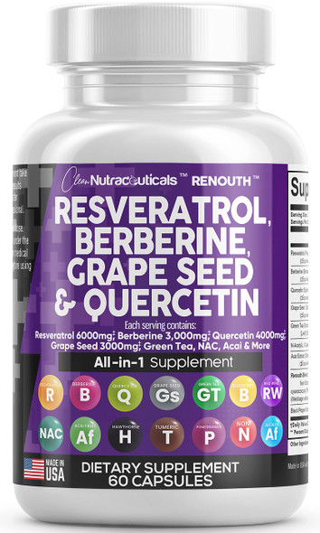 Resveratrol 6000mg Berberine 3000mg Grape Seed Extract 3000mg Quercetin 4000mg Green Tea Extract - Polyphenol Supplement for Women and Men with N-Acetyl Cysteine, Acai Extract -  60 Caps