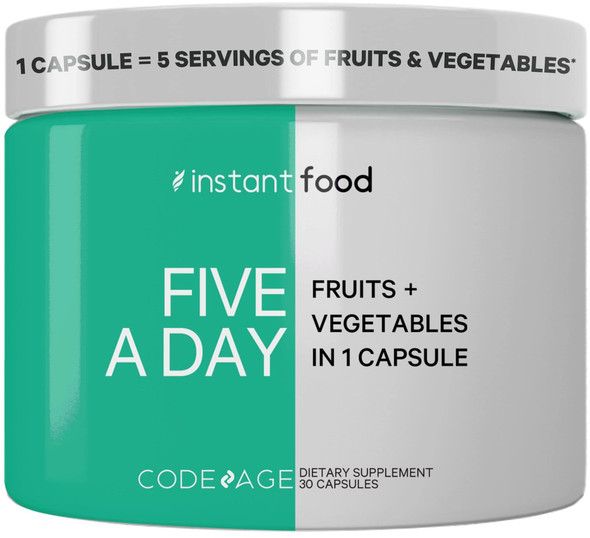 Codeage 5 Servings of s & Veggies Equivalent in 1 Single Capsule,  Food Non-GMO, 15 Greens & s All-in-One Pill, Eat Vegetables for Wellness Vegan Vitamins Supplement, 30 ct
