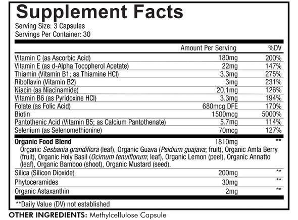 Codeage Biotin Supplement with Vitamin C, Vitamin E, Vitamin B6, Niacin, Folate, Organic Food Blend, Phytoceramides, Astaxanthin, Selenium - Beauty Tonic - Hair, Skin, and Nail Support - Vegan, 90 Ct