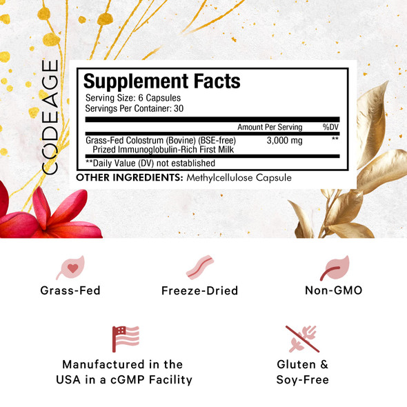 Codeage Colostrum Supplement, Grass-Fed Colostrum Prized First Milk Powder Immunoglobulin-Rich Capsules, Grass-Finished, Freeze-Dried, Immune, Muscles, and Gut Support, Non-Bioavailable GMO, 180 count