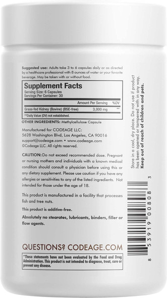 Codeage Grass Fed Beef Kidney Supplement - Freeze Dried, Non-Defatted, Desiccated Beef Kidney Glandulars Nutrition Bovine Pills  Pasture Raised Beef Vitamins for Kidney - Non-GMO -180 Capsules