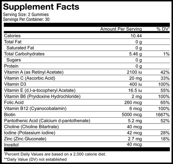 Codeage Hair Gummies, Biotin 5000 mcg,  Free Growth Gummy Vitamins A, C, B6, B12, D3, Zinc, Inositol Supplement, Women & Men, Pantothenic Folic , Nails, Skin, Strawberry Coconut Flavor, 60 ct