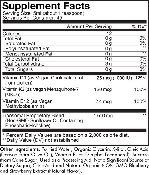 Codeage Liposomal Wonder-D, Vegan Cholecalciferol Vitamin D3 1000 IU Liquid Drops Supplement, Plant-Based Vitamins B12 & K2, Non-GMO Sunflower Phospholipids, Vitamin E, Mixed Berry Flavor, 7.6 fl oz