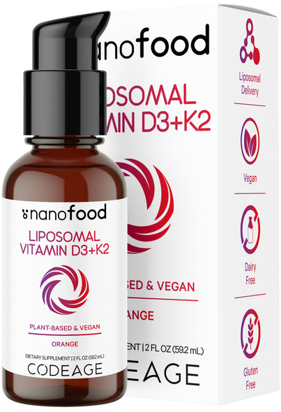 Codeage Liquid Vitamin D3 K2 Supplement, Liposomal Vitamin D Cholecalciferol, Menaquinone MK-7, Bone & Heart Support, Vegan Non-GMO No , 2 fl oz
