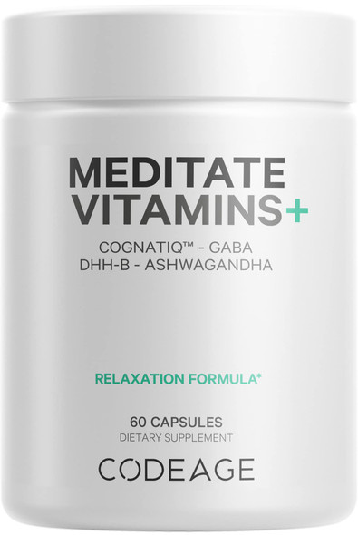 Codeage Meditate Vitamins Supplement - GABA, DHH-B, CognatiQ, Ashwagan, Organic Mushrooms - Mind Vitamins Relaxation Calmness Support - Vegan - Non-GMO - 60 Capsules